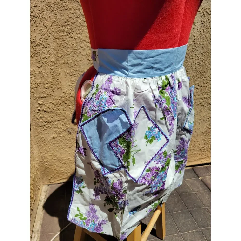 Vintage Half Apron Lilacs 2 Pockets Purple Blue Flowers Retro Sexy MCM Hostess